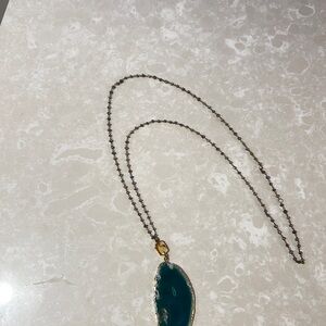 Green Agate Pendant on Glass & Gold Beaded Necklace -Women’s Jewelry
